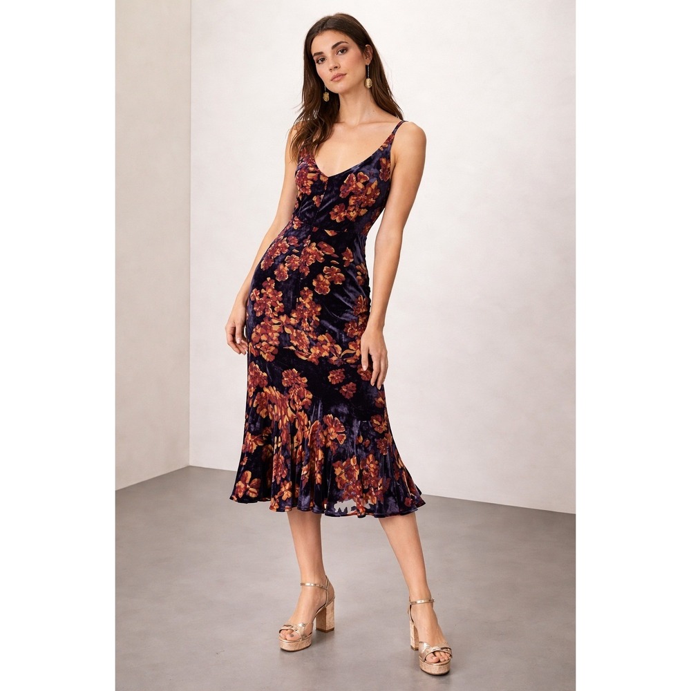 Saloni Aidan Dress Floral Burnout Velvet Beaded Midi Navy Blue Orange Y2K Sz 0